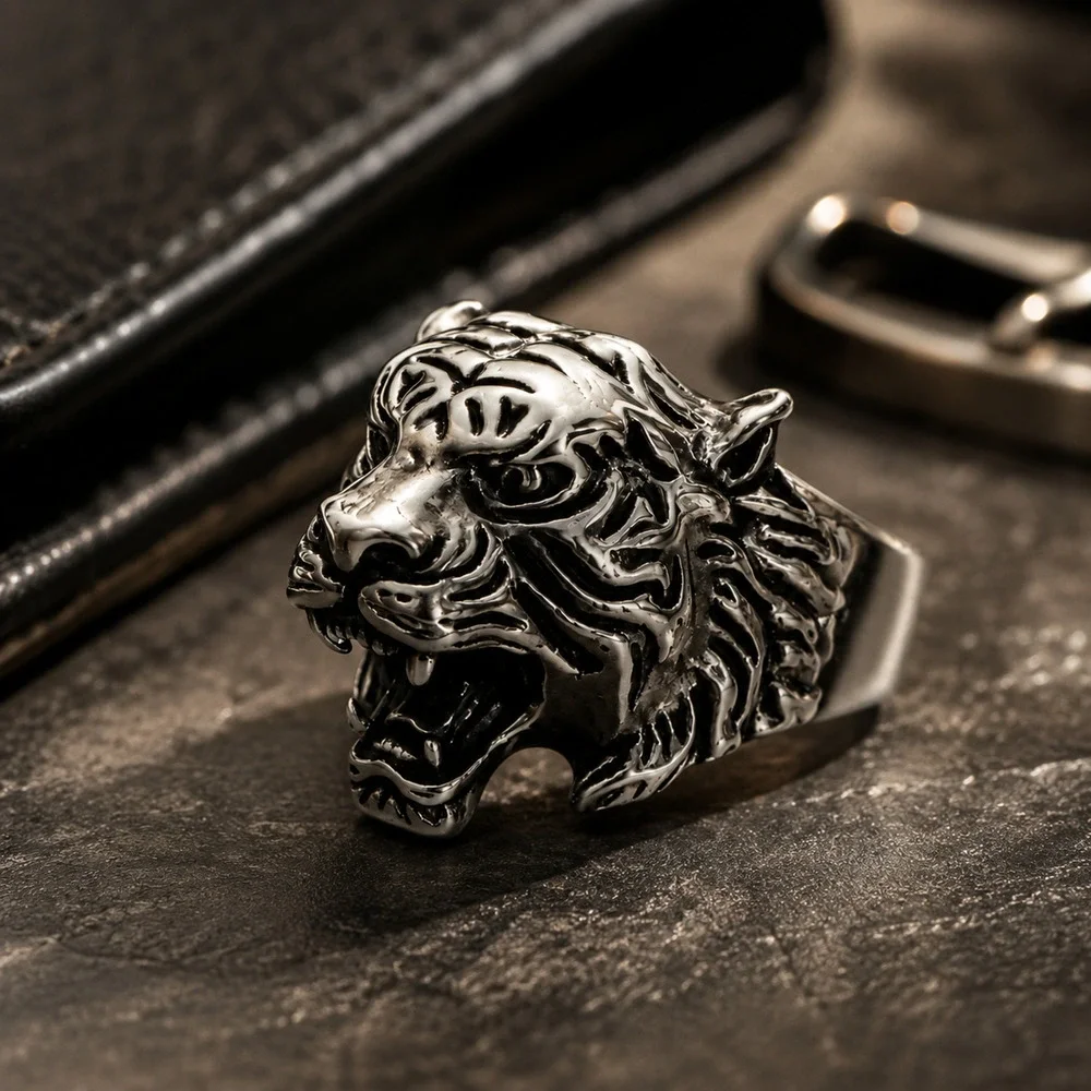 Men’s Stainless Steel Roaring Tiger Ring Biker Gothic Animal Statement Size 10